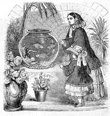 woman and child looking at a large bowl aquarium